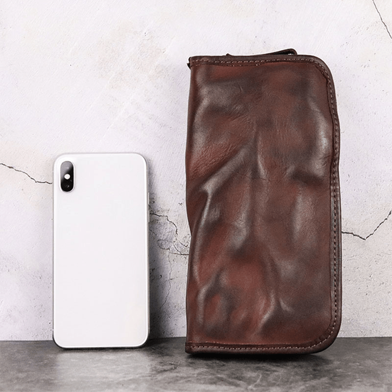 Men Genuine Leather Made-Old Fold Mark Large Capacity 5.5 Inch Phone Bag Clutch Wallet - MRSLM