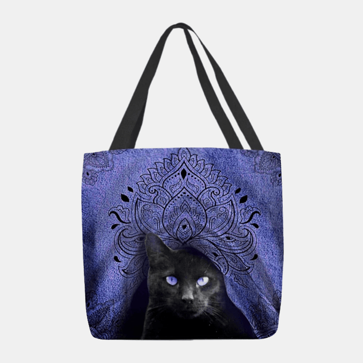 Women Canvas Cute Black Cat Pattern Handbag Tote Shoulder Bag - MRSLM