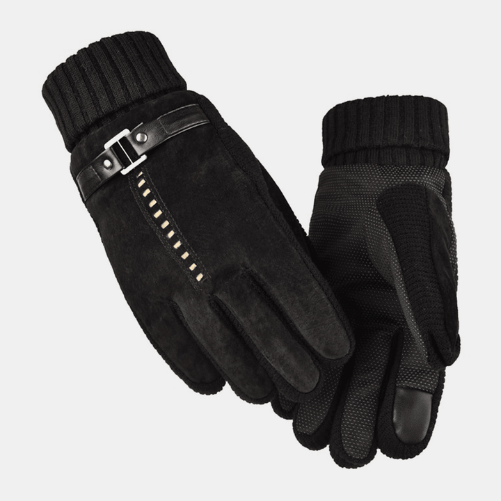 Men Leather plus Velvet Thick Screen Touchable Riding Driving Motorcycle Windproof Keep Warm Full-Finger Gloves - MRSLM