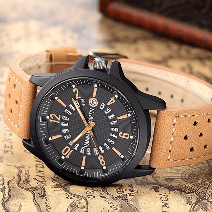 Fashion Causal Creative Date Display Waterproof Leather Strap Men Quartz Watch - MRSLM