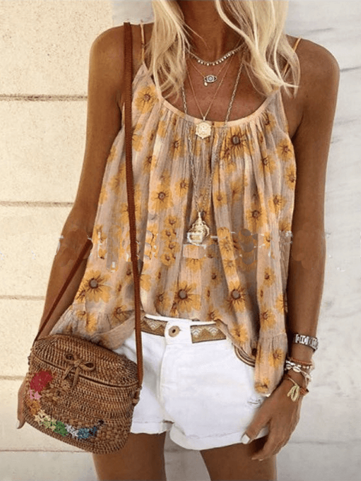 Daisy Print Sleeveless Straps Loose Tank Tops - MRSLM