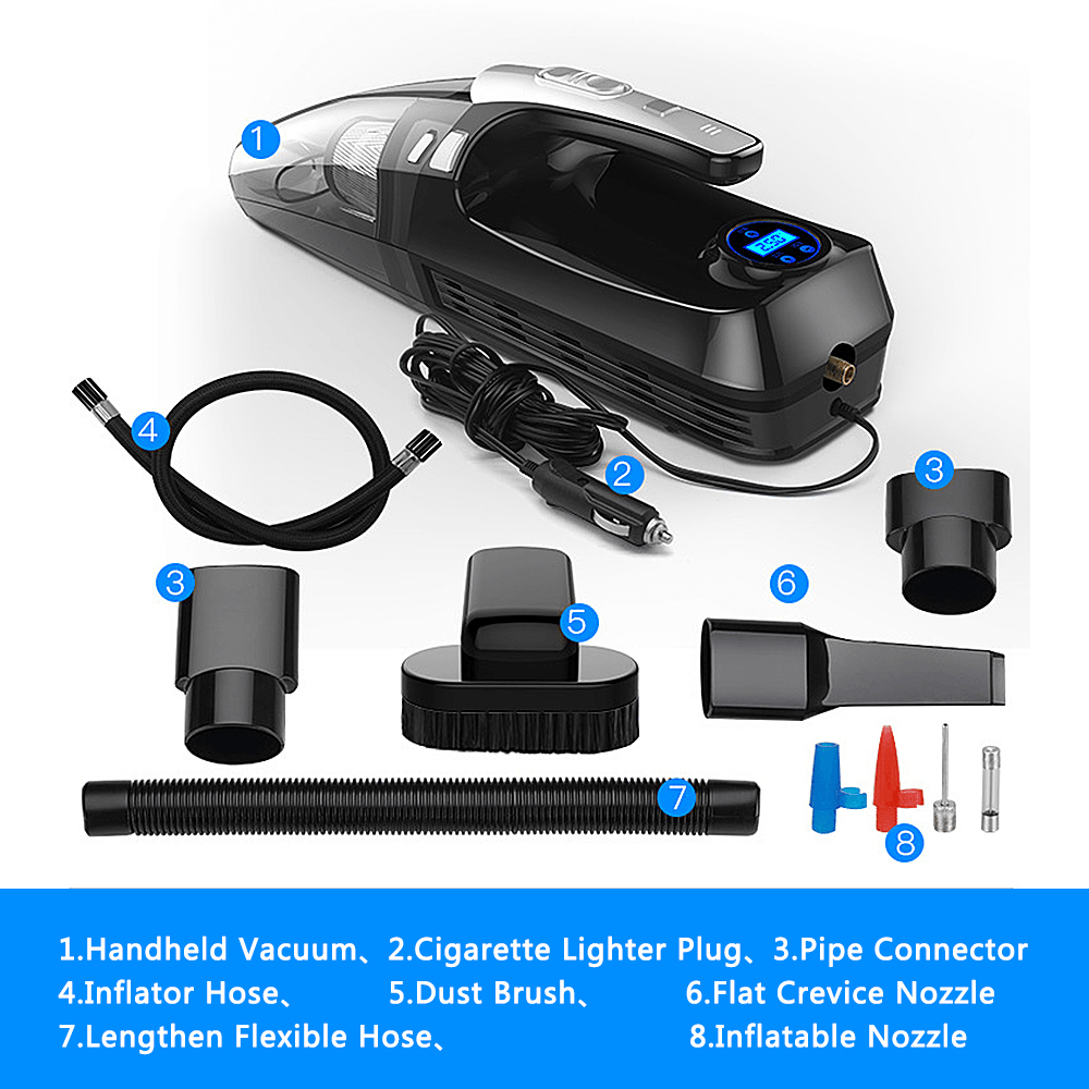 AUGIENB 4 in 1 Handheld Vacuum Cleaner 120W Car/Home with Smart Digital & Tire Inflate - MRSLM