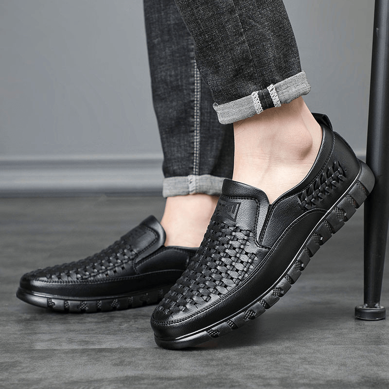 Men Microfiber Breathable Hollow Out Woven Soft Sole Comfy Slip on Casual Shoes - MRSLM