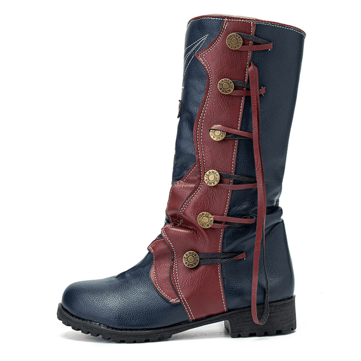 Women Leaf Pattern Autumn Winter Warm Wear Resistant round Head Mid-Calf Boots - MRSLM