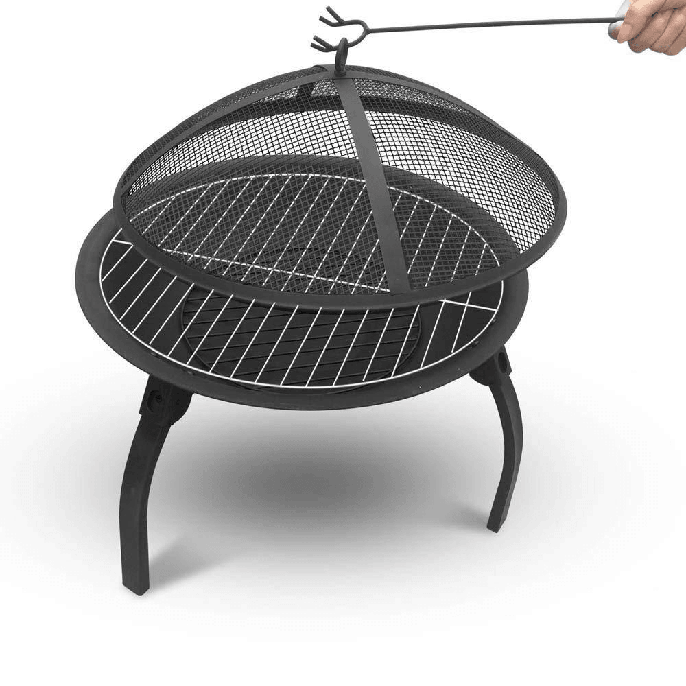 22Inch Folding Steel Fire Pit BBQ Grill round Fire Bowl Lightweight with Log Grate Mesh Cover BBQ Stove for Camping Picnic Bonfire Patio Garden - MRSLM