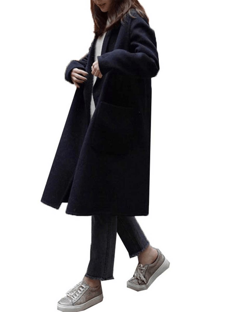 S-5XL Women Loose Turn-Down Collar Button Pocket Wool Outwear Coats - MRSLM