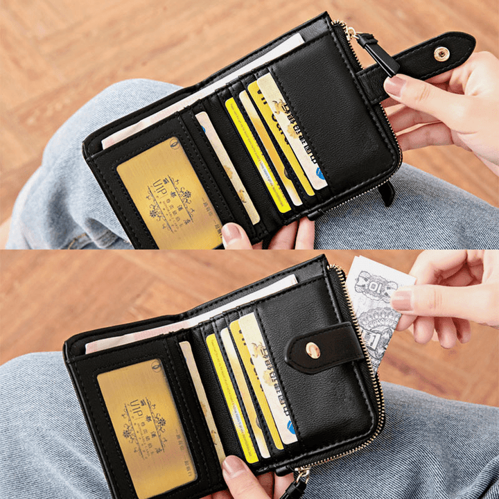 Women PU Leather Bifold Hasp Multi-Card Slot Retro Short Card Holder Clutch Wallets with Wrist Strap - MRSLM