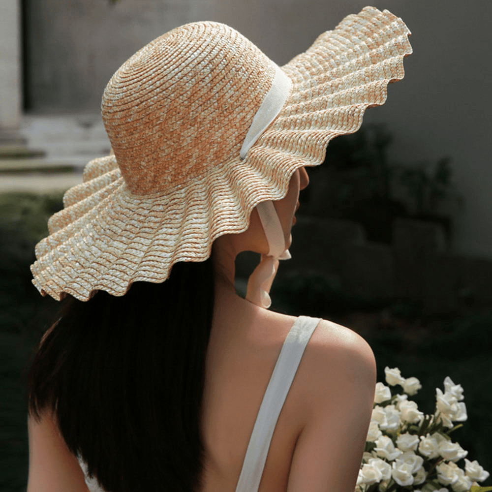 Women Wild Brim Visor Wave Side Soft Lace Tie Sun Hat Casual Stylish round Top Shell Pattern Straw Hat - MRSLM