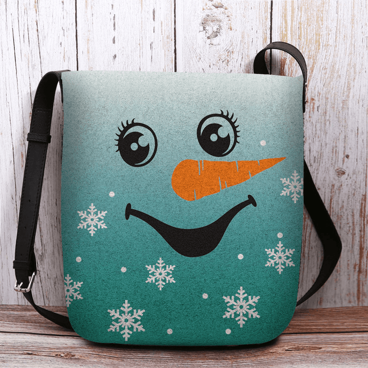 Women Felt Cute Festive Christmas Smile Snowman Snowflakes Print Crossbody Bag Shoulder Bag - MRSLM