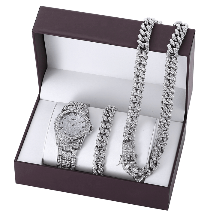 3PCS / Set Luxury Fashion Men Watch Set Inlaid Rhinestones Steel Strap Quartz Watch Necklace Bracelet - MRSLM