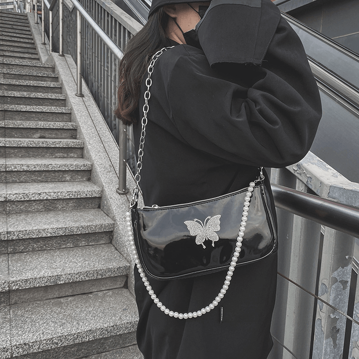 Women PU Leather Pearls Rhinestone Chain Butterflies Pattern Small Square Bag Handbag Shoulder Bag - MRSLM