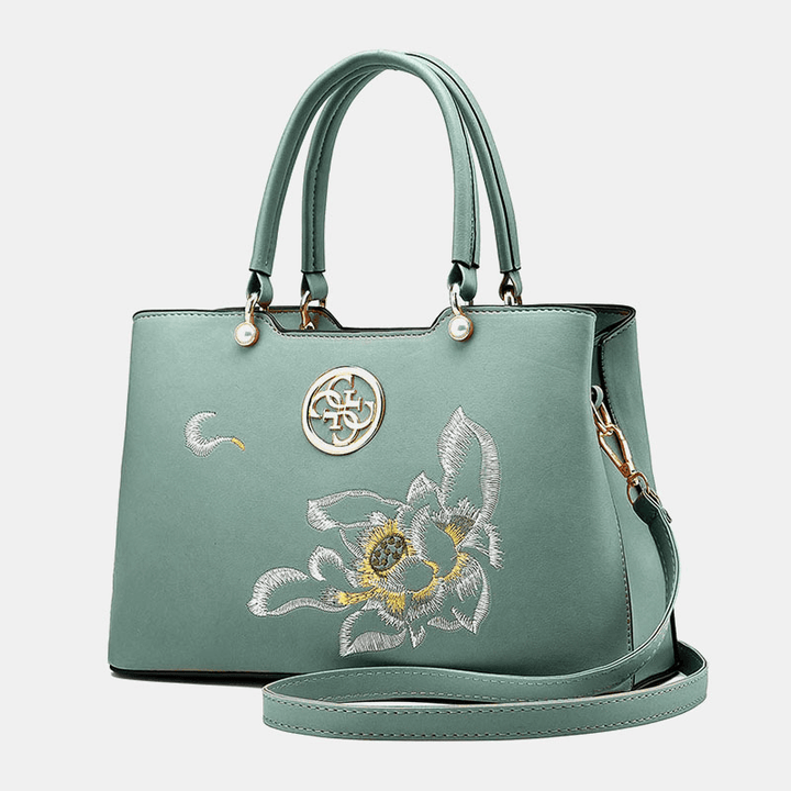 Women Vintage Chinese Style Gardenia Flower Embroidered Handbag Large Capacity Multi-Pocket Multi-Carry PU Leahter Crossbody Bag - MRSLM