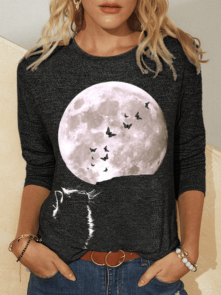 Women Cat Moon Graphic Printed Long Sleeve O-Neck Casual T-Shirt - MRSLM