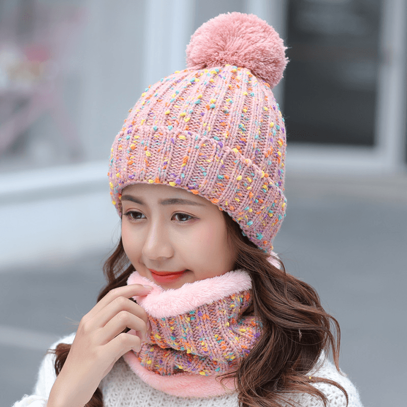 Thick Warm Wool Cap Bib Two-Piece Set Beanie Warm Winter Pom Cap - MRSLM