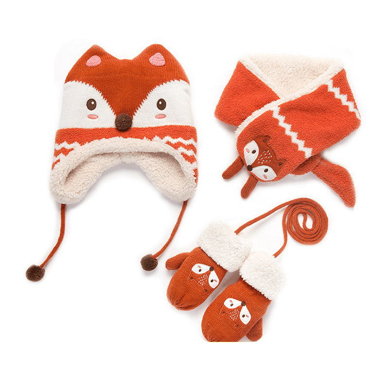 Autumn Winter Children plus Velvet Hat Scarf Set Baby Lovely Cartoon Fox Print Knitted Hat Kids Cap Collar Boy Girl Neck Warmer - MRSLM