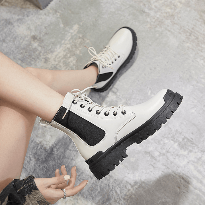 Women Casual Warm Slip Resistant Platform Lace up Combat Boots - MRSLM