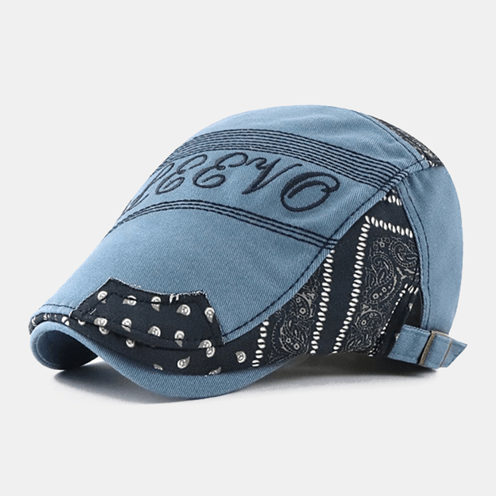 Men Big Brim Letter Embroidery Stitching Forward Hat Ethnic Adjustable Breathable Beret Flat Cap Driver Hat - MRSLM
