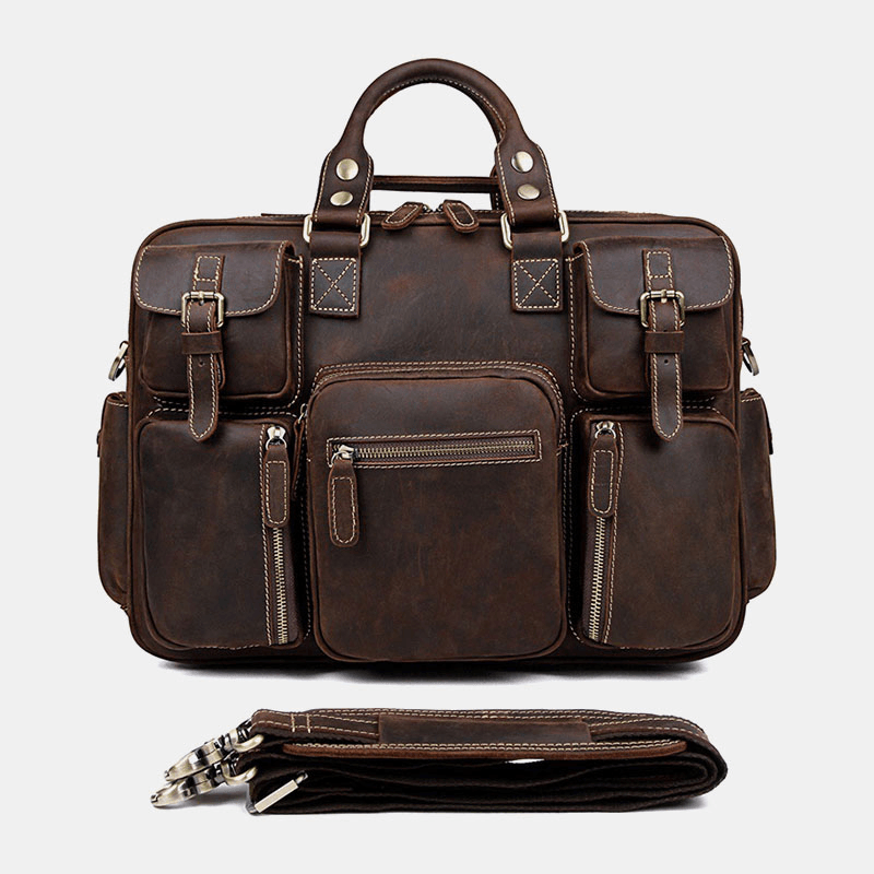 Men Genuine Leather Detachable Strap Large Multi-Pocket 15.6 Inch Laptop Bag Briefcase Messenger Bag Crossbody Bags - MRSLM