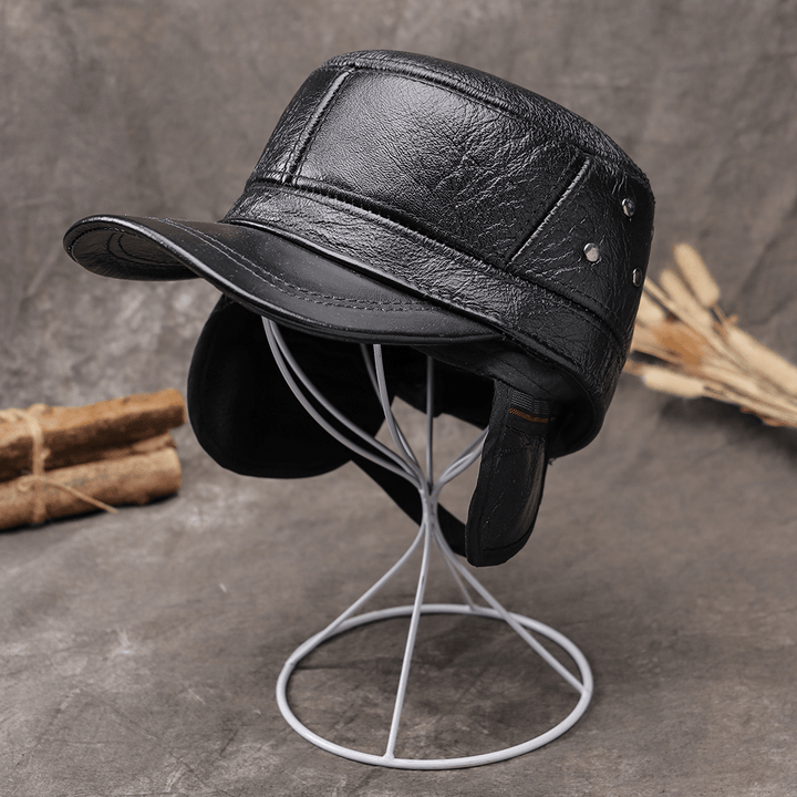 Men Genuine Leather Ear Protection All-Match Outdoor Fashion Warm Leather Baseball Hat - MRSLM