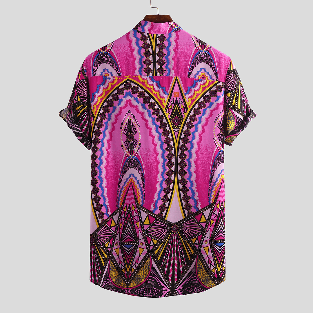 Mens Summer Stand Collar Ethnic Printed Casual Henley Shirts - MRSLM