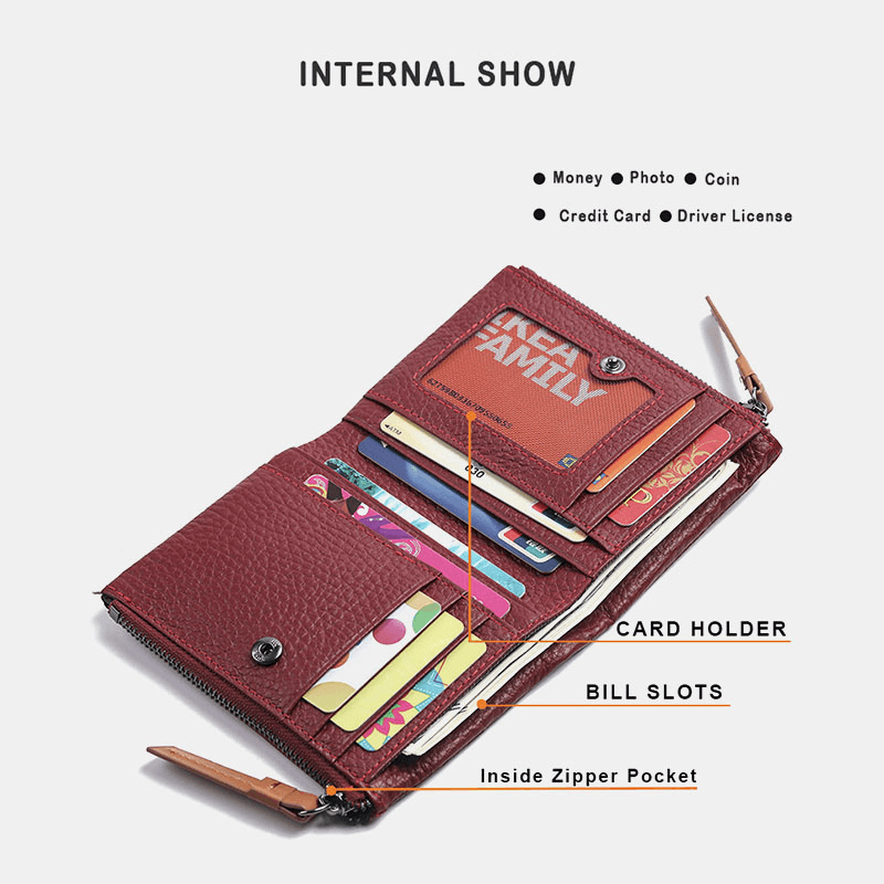 Women Genuine Leather Bifold Hasp Zipper Short Multi-Card Slots Coin Purse Money Clip Wallet - MRSLM