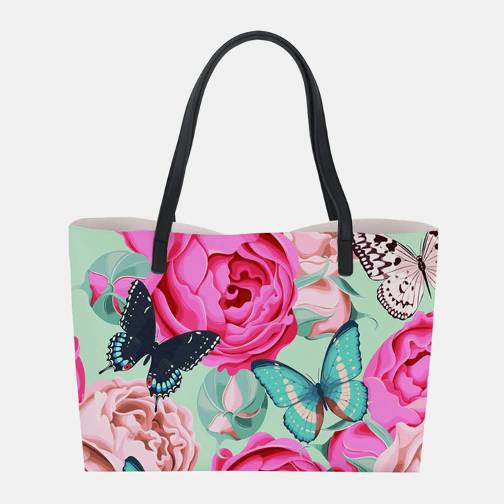 Women Faux Leather Large Capacity Floral Cat Butterfly Printing Casual Cute Handbag Shoulder Bag Bucket Bag - MRSLM