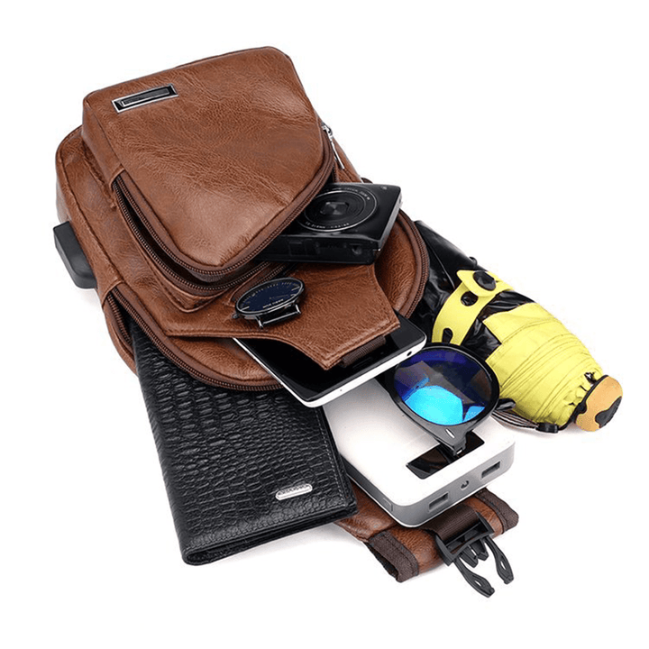 Casual Outdoor Travel USB Charging Port Sling Bag Leather Chest Bag Crossbody Bag - MRSLM