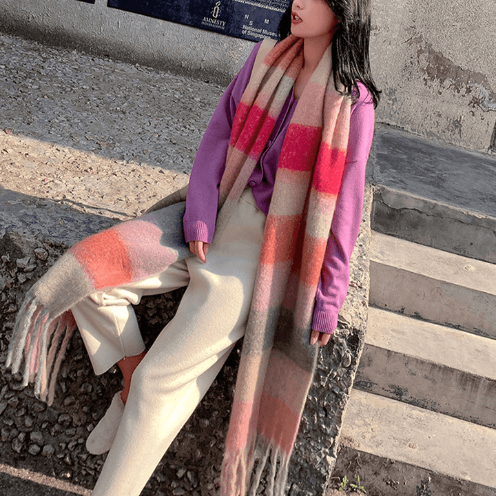 Women Cashmere Dual-Use Rainbow Mixed Color Stripes Thicken Warm plus Long Tassel Scarf Shawl - MRSLM