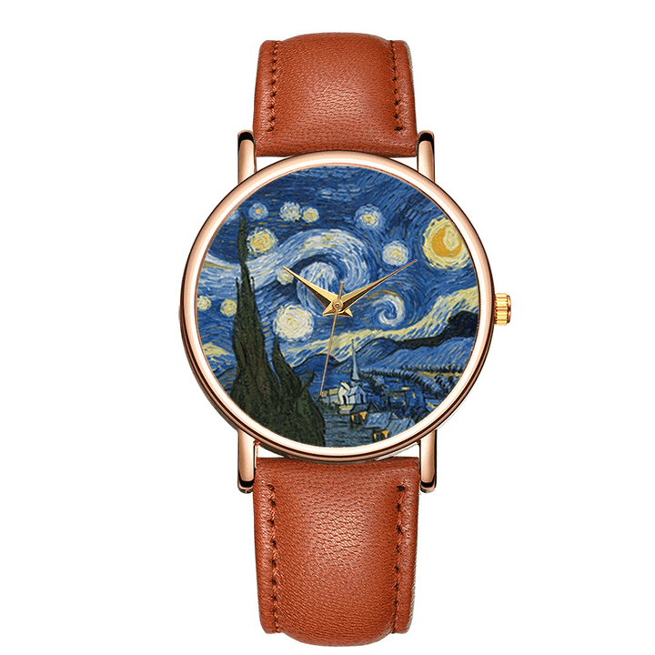 Casual Impressionist Art Painting Dial PU Leather Strap Men Quartz Watch - MRSLM