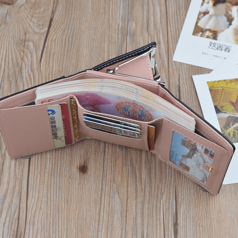 Women PU Leather Floral Clutch Short Solid Buckle Ladies Wallet Mini Portable Credit Card Purse - MRSLM