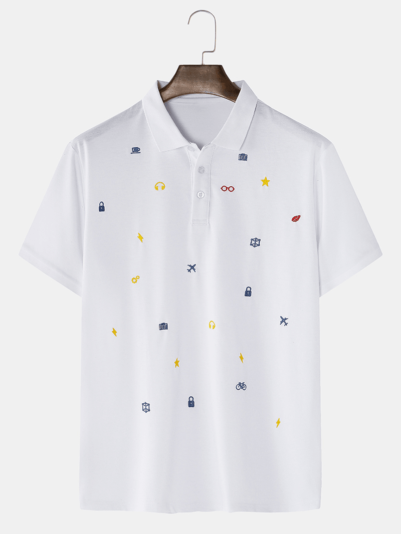 100% Cotton Mens Simple Cartoon Embroidery Short Sleeve White Casual Golf Shirts - MRSLM