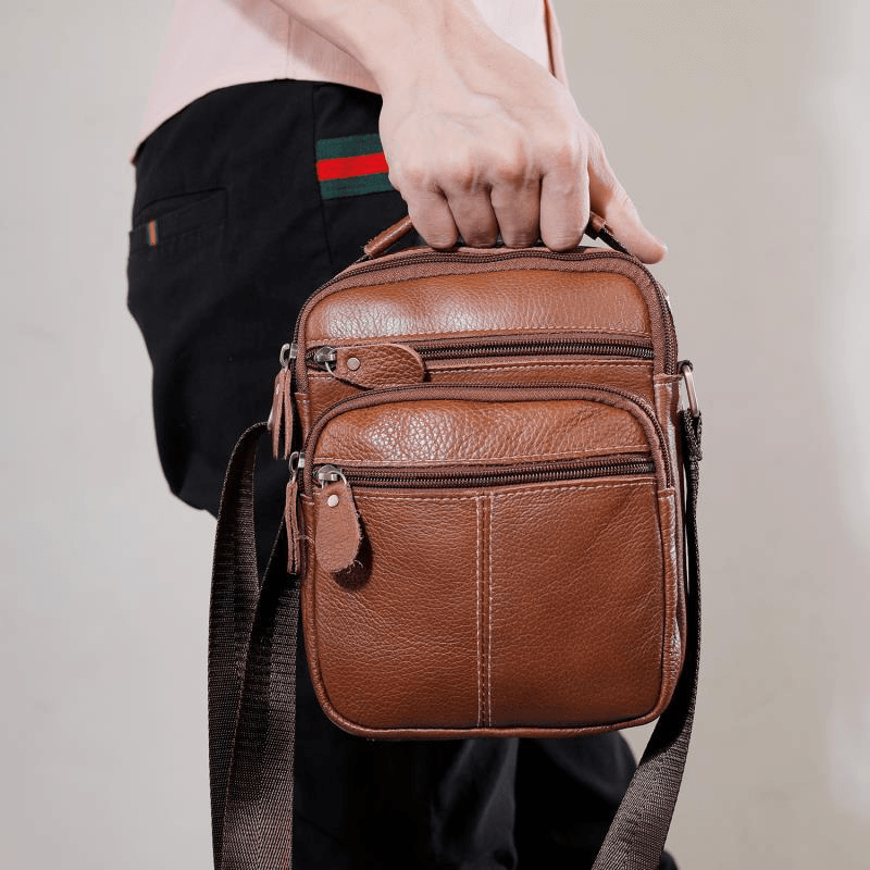 Men Genuine Leather Multi-Pocket Vintage 6.3 Inch Phone Bag Crossbody Bags Shoulder Bag Handbag - MRSLM