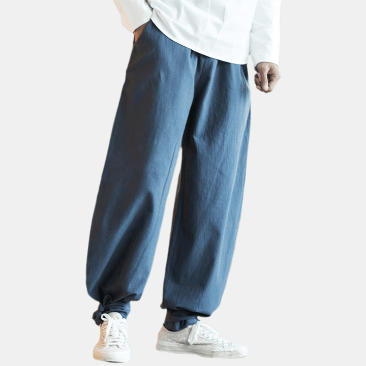 Mens Cotton Pure Color Elastic Waist Loose Comfy Casual Pants - MRSLM