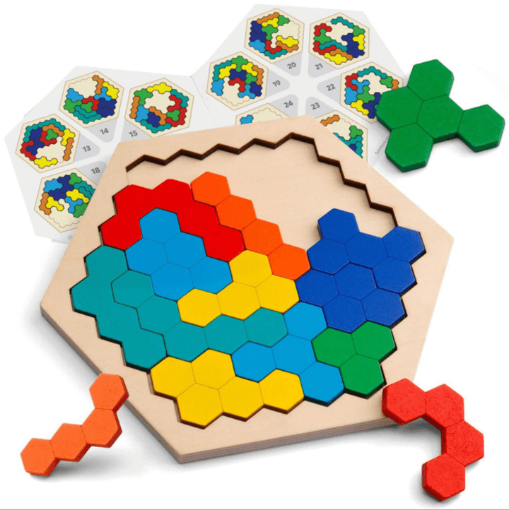 Tangram Wooden Hexagon Puzzles Toytable Game Playset Toddlers Toys - MRSLM