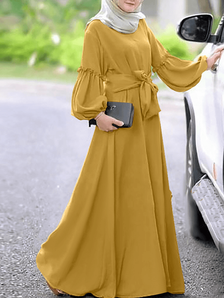 Women Long Sleeve Solid Color Belted O-Neck Button Maxi Dress - MRSLM