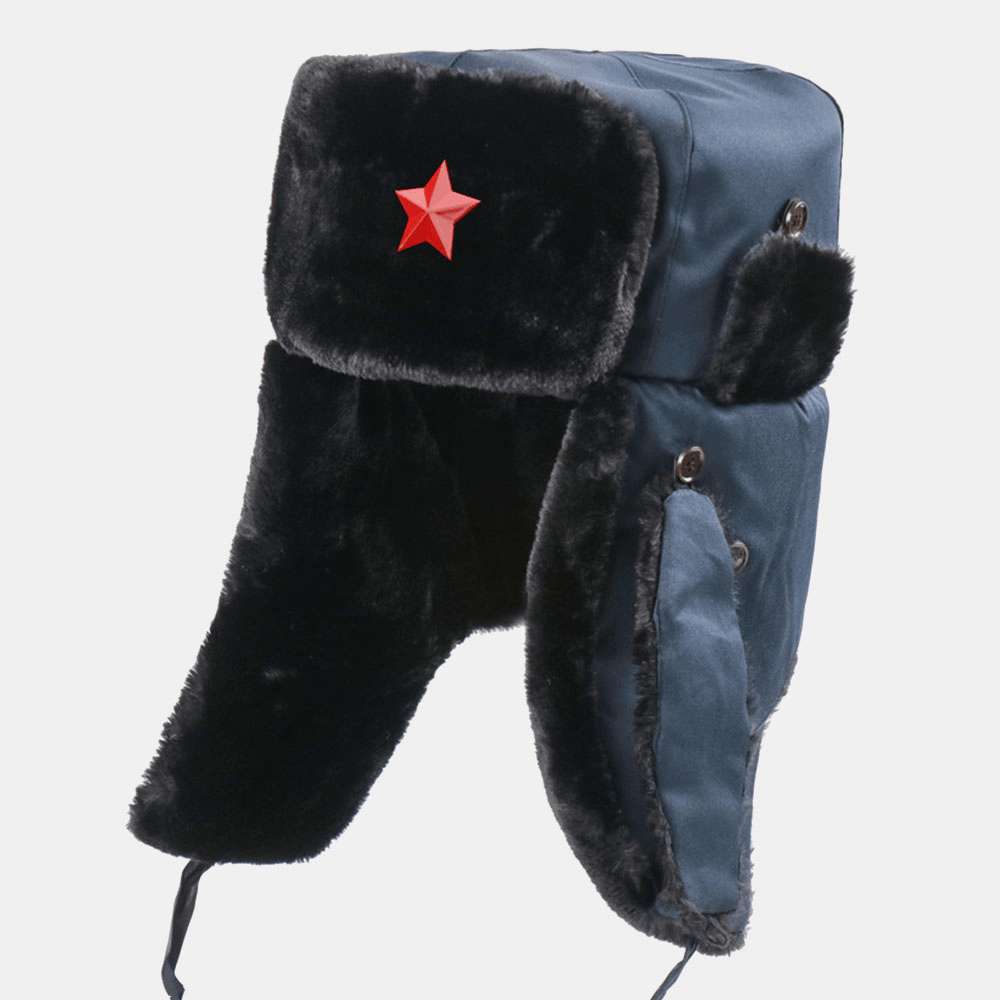 Men Soviet Badge Thicken plus Velvet Trapper Hat Winter Cycling Warm Ear Protection Windproof Russian Hat Ushanka Hat - MRSLM