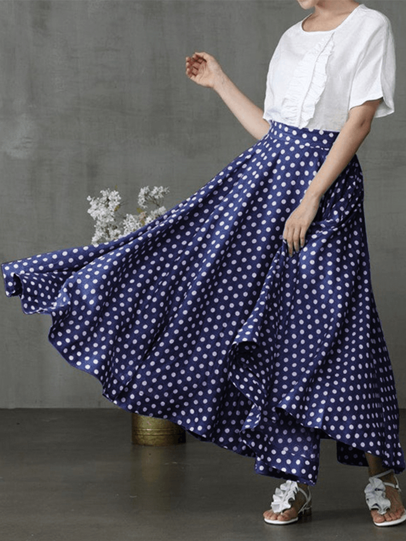 Women Polka Dot Print Loose Big Swing Side Pockets Casual Long Skirt - MRSLM