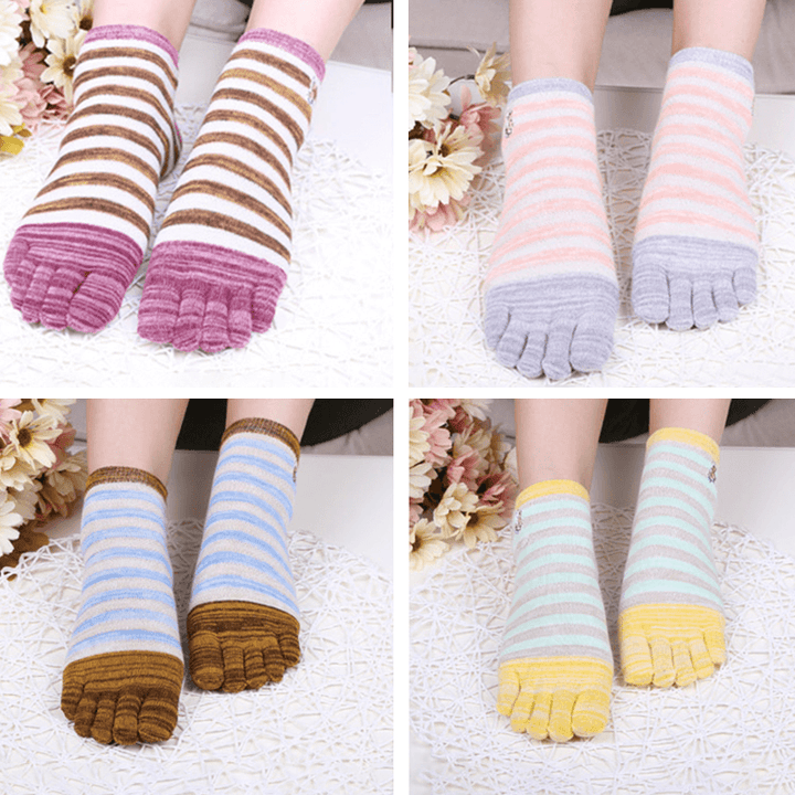 Ladies Five Toes Socks Cotton Striped 4-Pair Set Ankle Socks - MRSLM