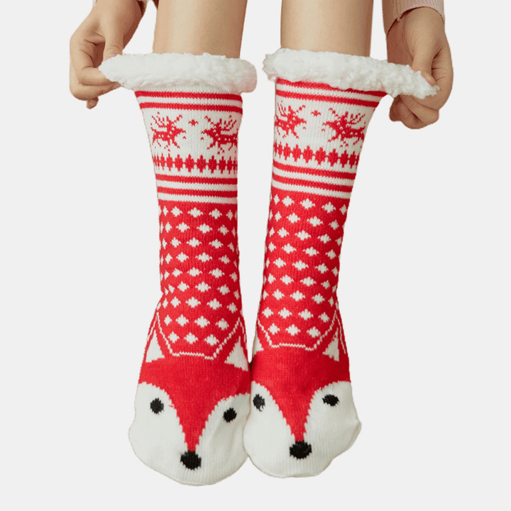 Women Warm Winter Outdoor Christmas Style Cartoon Animals Pattern plus Velvet Thicken Home Sleep Socks Tube Socks - MRSLM