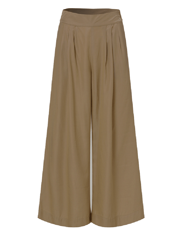 Women Solid Color Side Button Zipper Pocket Loose Casual Wide Leg Pants - MRSLM