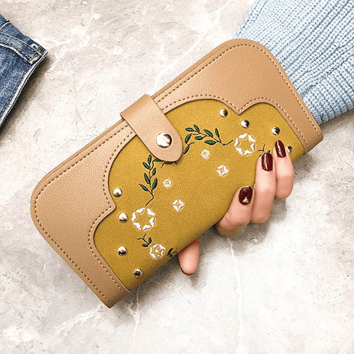 Women Dull Polish PU Leather Flower Pattern Long Wallet - MRSLM