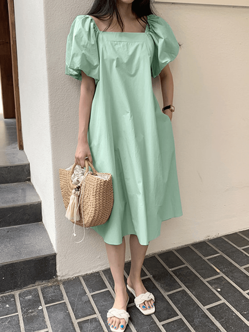 Puff Sleeve Square Collar Plain Solid Color Casual Midi Dress with Pocket - MRSLM