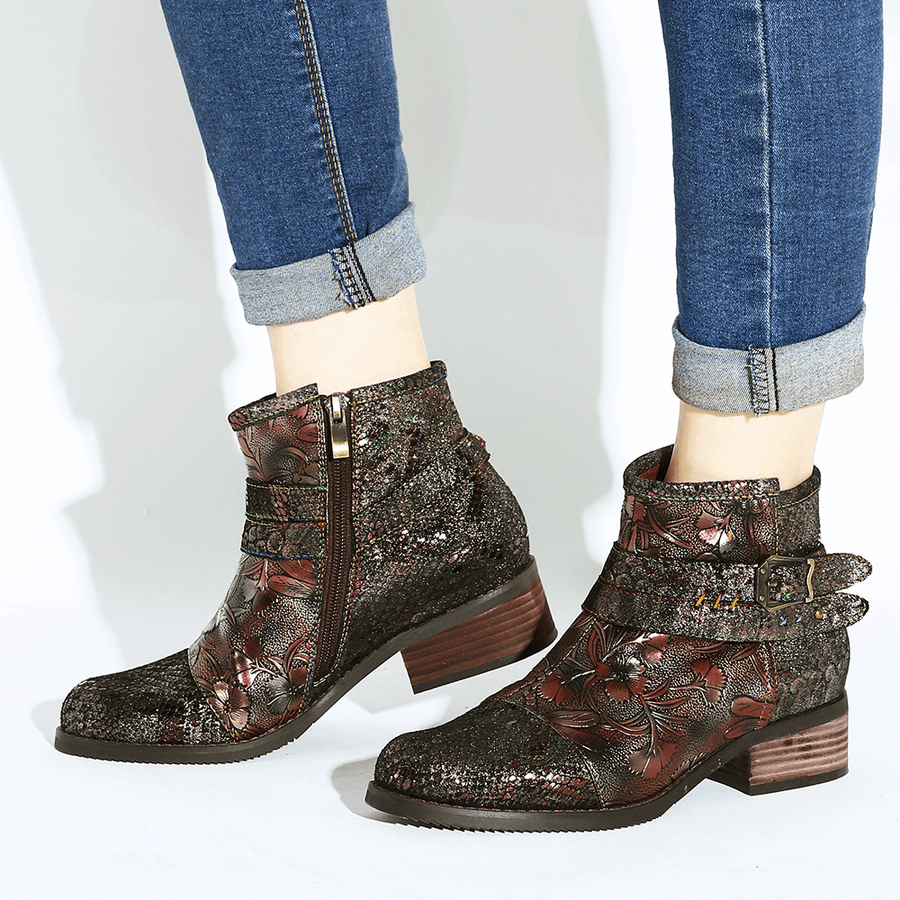 Women Embossed Stitching Metal Zipper Ankle Boots - MRSLM