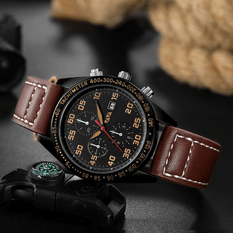 VA VA VOOM VA-204 Fashion Men Watch 3ATM Waterproof Date Display Leather Strap Quartz Watch - MRSLM