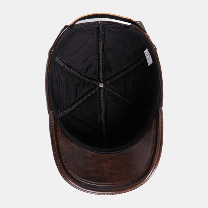 Men Genuine Cowhide Leather Adjustable Baseball Cap Outdoor Protect Ear Winter Warm for Elderly Father - MRSLM