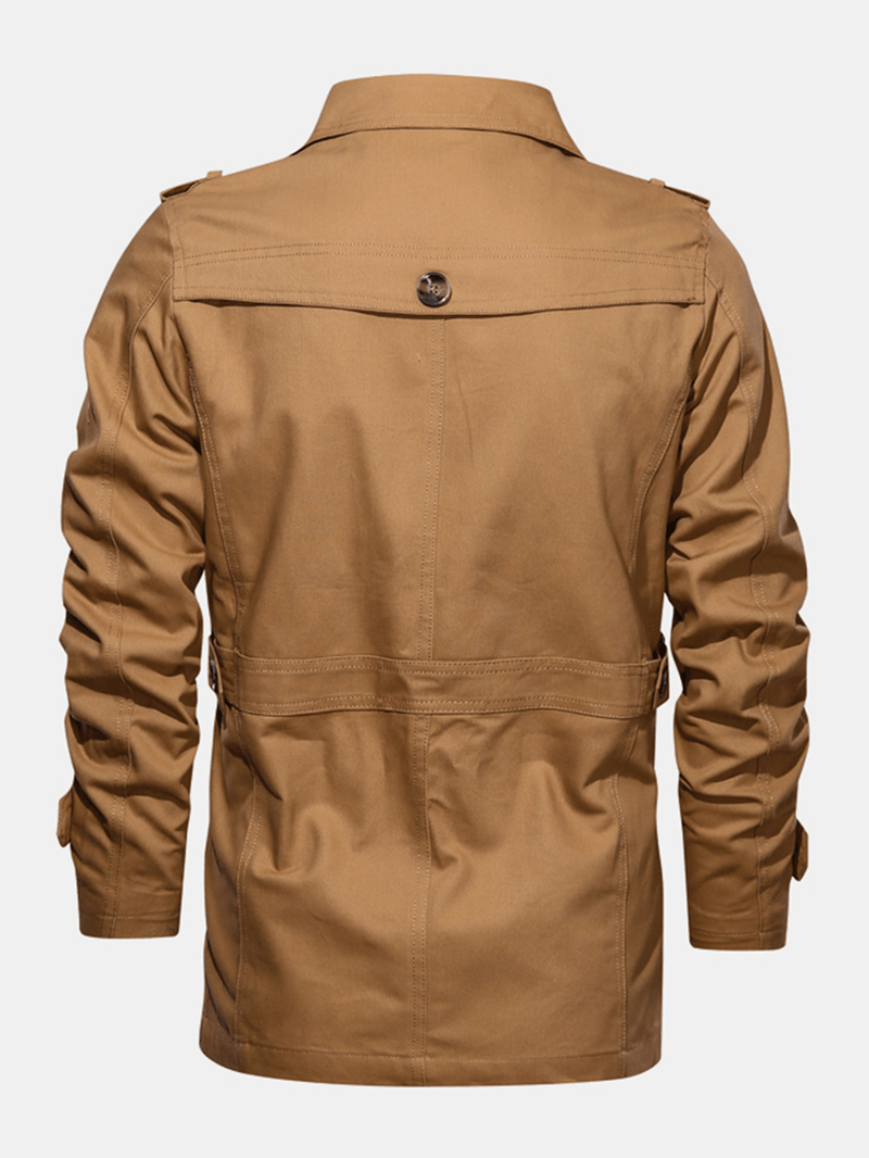 Mens 100% Cotton Solid Button Front Lapel Cargo Jacket with Pocket - MRSLM