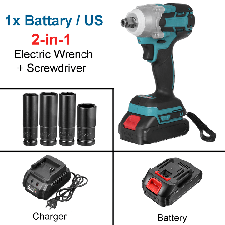 2 in 1 188VF 588N.M. Li-Ion Brushless Cordless Electric 1/2" Wrench 1/4"Screwdriver Drill W/ 1/2 Battery & 4 Sleeves - MRSLM