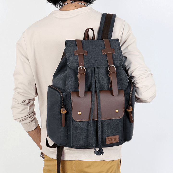 Men Canvas Large Capacity Multi-Pockets Backpack Vintage 15.6 Inch Laptop Bag Travel Bag - MRSLM