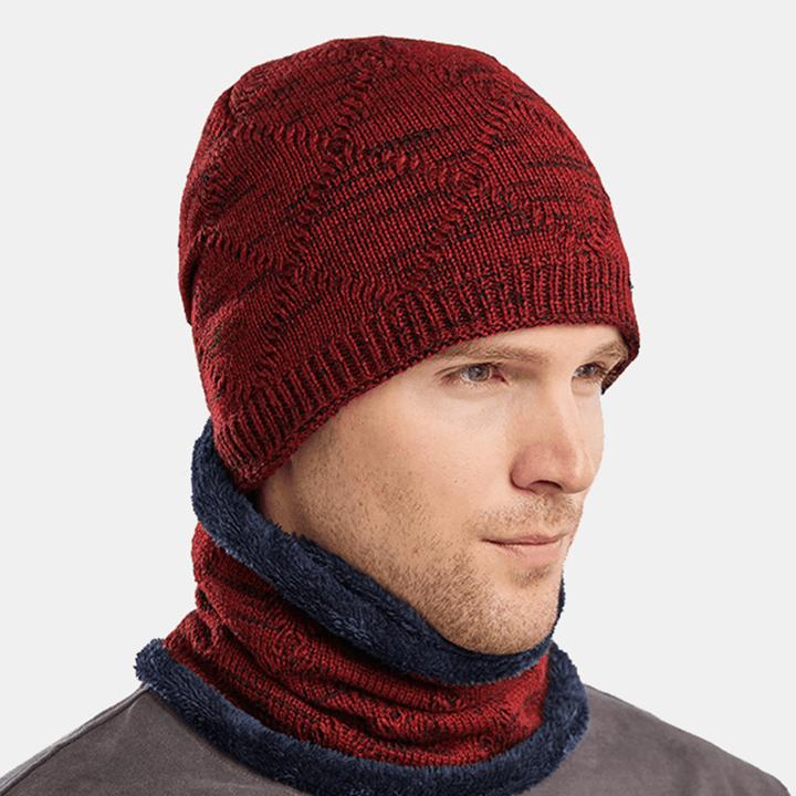 2 PCS Men Autumn Winter Warm Knitted Baotou Cap Scarf Plaid Pattern Outdoor Biking Ear Protection Windproof Beanie Skull Hat - MRSLM