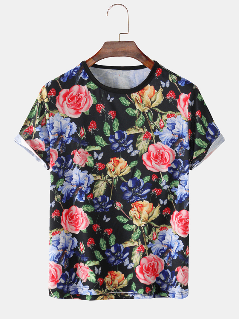 Mens Rose Floral Print Holiday Casual Short Sleeve T-Shirts - MRSLM